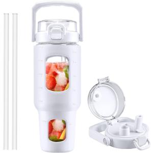 BLUEGO 40 oz Glass Water Bottle with Straw, Leakproof and Time Marker, Wide Mouth for Travel, Gym and Workout, White