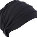 Cotton Sleep Cap Women Beanie Chemo Hat Elastic Turban Head Wrap Cap Bonnet Cap Muslim Headscarf Nightcap for Hair Head Cap (Medium-Large, Black)