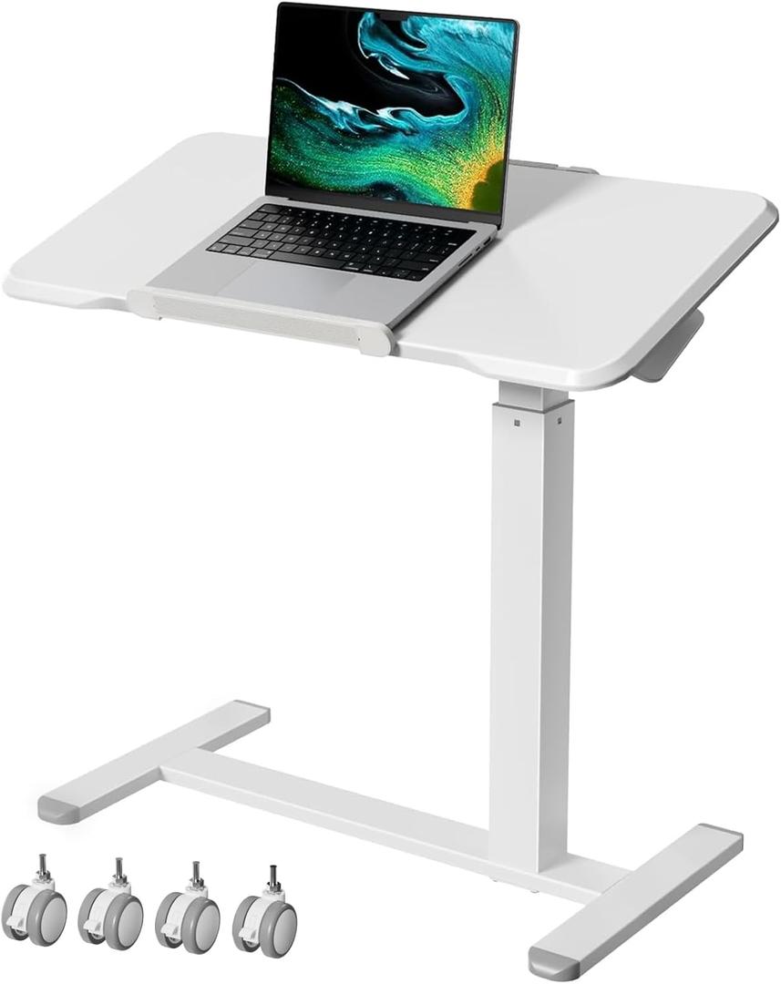 Gibbon Mounts Rolling Laptop Desk, 180 Tiltable Mobile Standing Desk Height Adjustable, Overbed Bedside Table, 32inch Portable Computer Desk with Lockable Wheels, Foldable Cart for Home Office, White, 15.7D x 31.5W x 27.2H inches