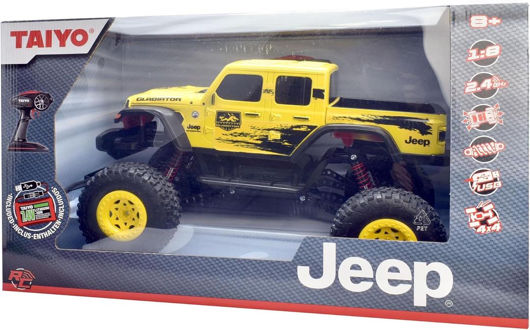 Jeep Gladiator 4WD 1:8 Scale R/C - Yellow - Taiyo, 2.4 GHz, Remote Control Vehicle, Authentic Design, 4 Wheel Drive, Multi-Terrain, Battery Powered