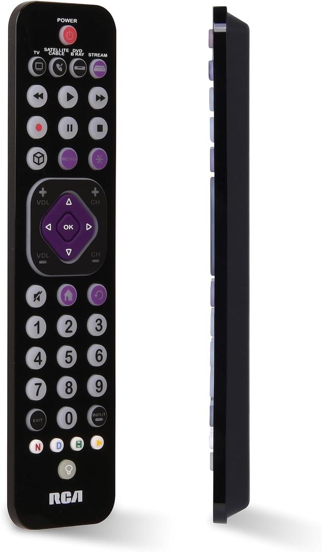 RCA Universal Rechargeable 4-Device Streaming Remote Control  for TV, Audio, Soundbar, Streaming Devices, Ultra-Slim, Rechargeable, Quick Access Keys