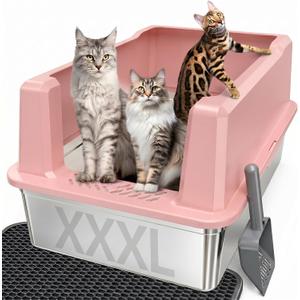 XXL Stainless Steel Cat Litter Box with Lid, 26" L x 18" W x 12" H Metal Litter Box with Hight Sides for Big Cats & Multiple Cats, Never Absorbs Odors, Anti-Urine Leakage, Easy Cleanin(Pink)