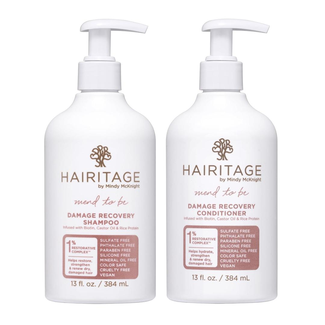 Hairitage Biotin Damage Repair Shampoo and Conditioner Set - Thickening + Volumizing - Biotin Castor Oil + Rice Protein - Sulfate Free + Color Safe - Deep Conditioning Treatment Dry Damaged Curly Hair, 13 Oz, 2 Pack