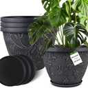 4 Pack 16 Inch Large Plant Pot for Outdoor, Plastic Flower Pot Indoor with Drainage Hole & Saucer, Modern Decorative Garden Pot, Imitation Magnolia Garden Pots for House PlantersGray