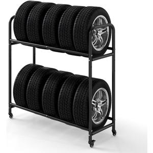 Hershii Rolling Tire Storage Rack Adjustable - Black, Tire Storage Shelf for Garage 24.80-42.51'' x 15.35'' x 44.09'', All Black