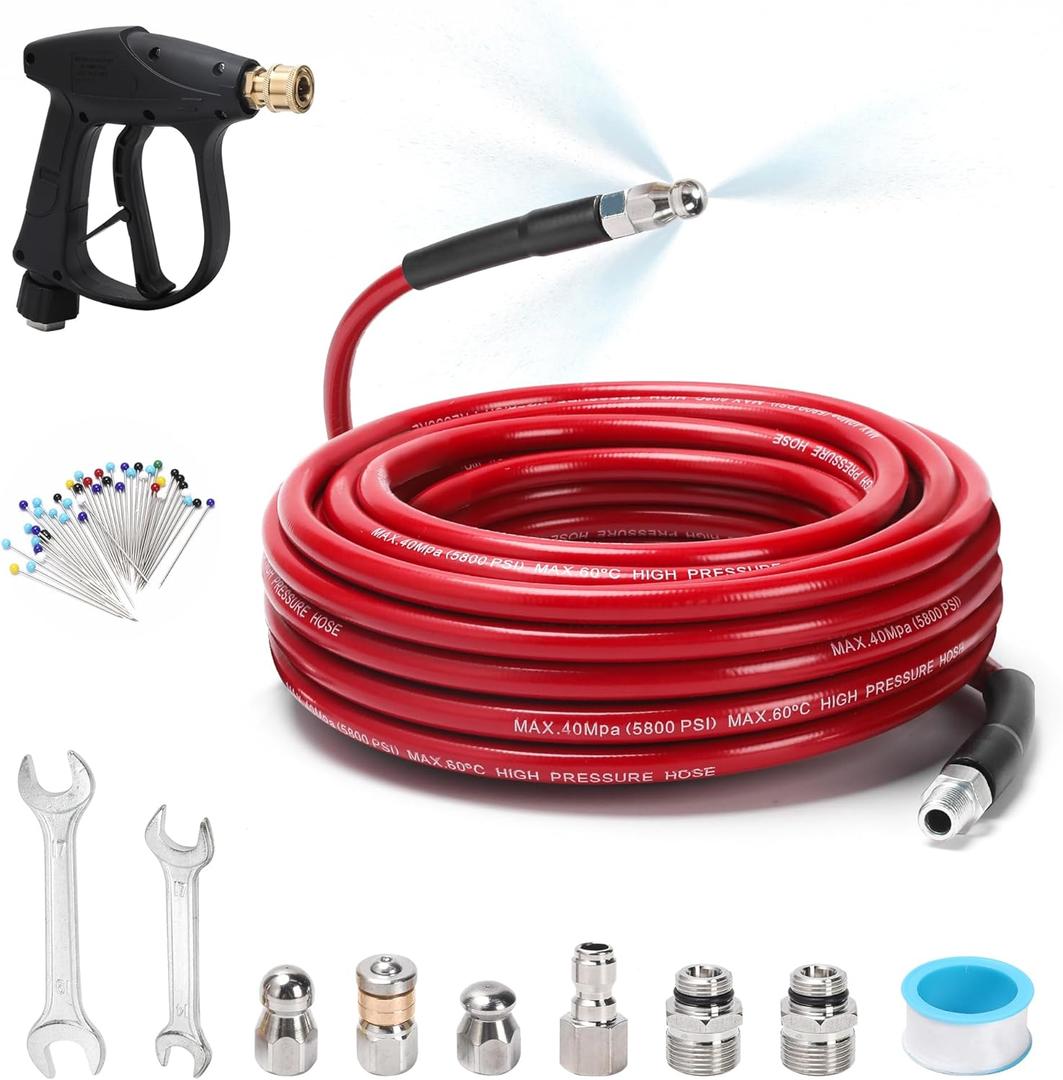 Sewer Jetter Kit for Pressure Washer 50 FT, Drain Cleaner Hose with Power Washer Gun, 1/4 Inch NPT Corner, Rotating and Button Nose Sewer Jetting Nozzle,Waterproof Tape, Pearl Corsage Pin, Spanner
