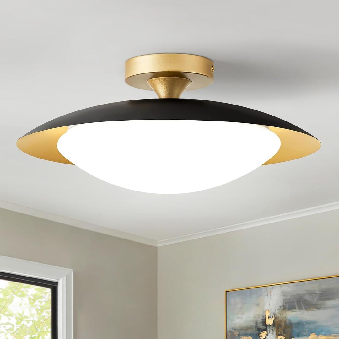 Dimmable Modern Mid-Century Ceiling Light, Black and Gold LED Semi Flush Mount Ceiling Light, 5CCT 2700K-6000K Lighting Fixture Ceiling Lamp with Glass Shade for Bedroom Kitchen Living Room, 15.7in