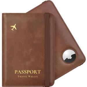Stouchi AirTag Passport Holder, RFID Passport Holder with Airtag Slot, Multiple Passport Wallet Cover for Men, Leather Passport Case, Anti-Lost Waterproof Travel Accessories, Brown