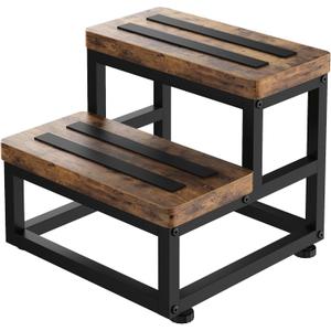 2 Step Wooden Step Stools for Adults Kids, Heavy Duty Stepping Stools Wooden Bed Step Stools for High Beds, Non-Slip 2 Bedside Foot Stool with 500 Lbs Capacity, Kitchen, Bed, RVS Step, Rustic Brown
