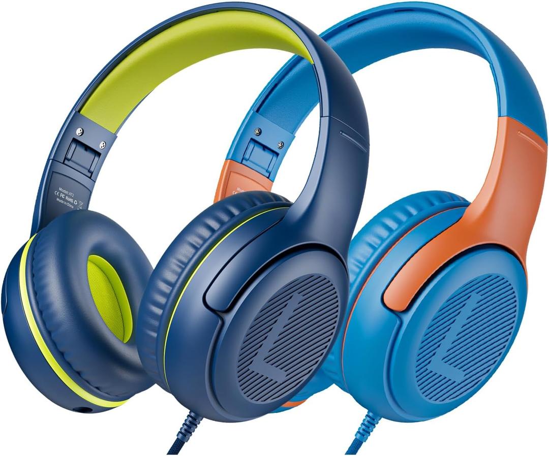 Kids Headphones Wired Toddler Headphones with Microphone, Over-Ear Headphones, 85/94dB Volume-Limiting, 3.5mm Jack, Foldable On-Ear Design - Safe & Comfortable for Learning BRBO (2 Pack)