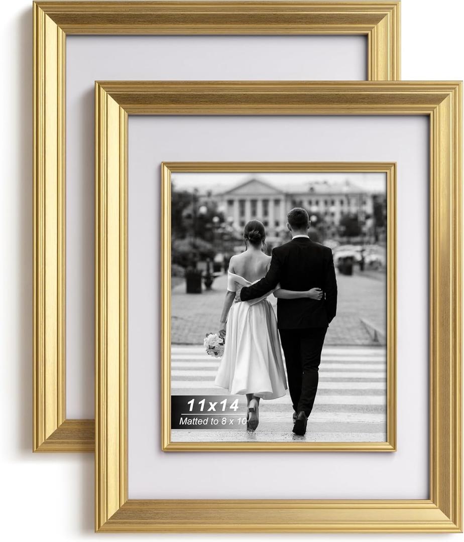 Yaetm 11x14 Gold Picture Frame with Decorative Inner Frame & Tempered Glass, Display 8x10 Photos with Mat on Wall - Portrait or Landscape - Ideal for Office & Home Dcor (Gold, 2 Pack)