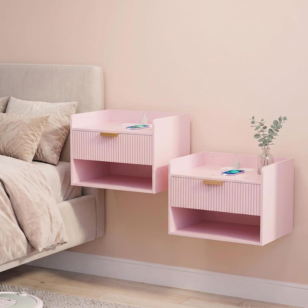 Arbuxzuy Floating Nightstand Set of 2 with Charging Station and Drawer, 2pcs