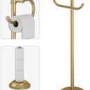 BESy Toilet Paper Holder Free Standing Bathroom Toilet Tissue Holder Stand for Floor Toilet Paper Roll Holder with Storage Hardware Accessories Rack Hand Towel Bar Brushed Gold Stainless Steel