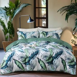 OAITE Duvet Cover Queen Size,Reversible Summer Leaf Green Duvet Cover Set with Zipper Closure, 3 Pieces Modern Patterns Soft Microfiber Bedding Set with 8 Ties(90*90,2 Pillow Cases)