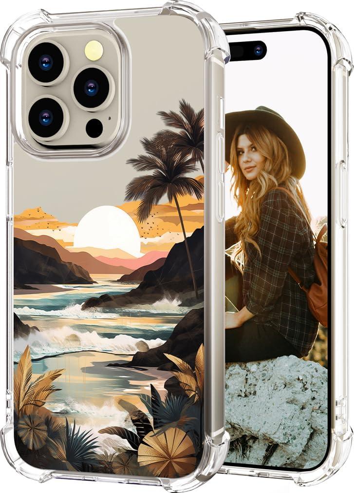 Hungo Compatible for iPhone 15 Pro Max Case for Women Clear Design Cute,Girly Girls Promax Ocean Beach Mountain Sunset Sun Sea Palm Trees Clouds Hills Tropical