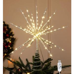 15 Inch Christmas Tree Star Topper with 150 LED Timer Lights & Remote, 19-Point USB Powered Lighted Silver Starburst Star Tree Topper for Indoor Holiday Party Xmas Tree Decor