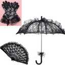 Lace Parasol Set Halloween Black Lace Umbrella Parasol Vintage Embroidery Umbrella Black Flower Gloves Handheld Folding Fan for Weeding Bridal Dancing Party Halloween Cosplay