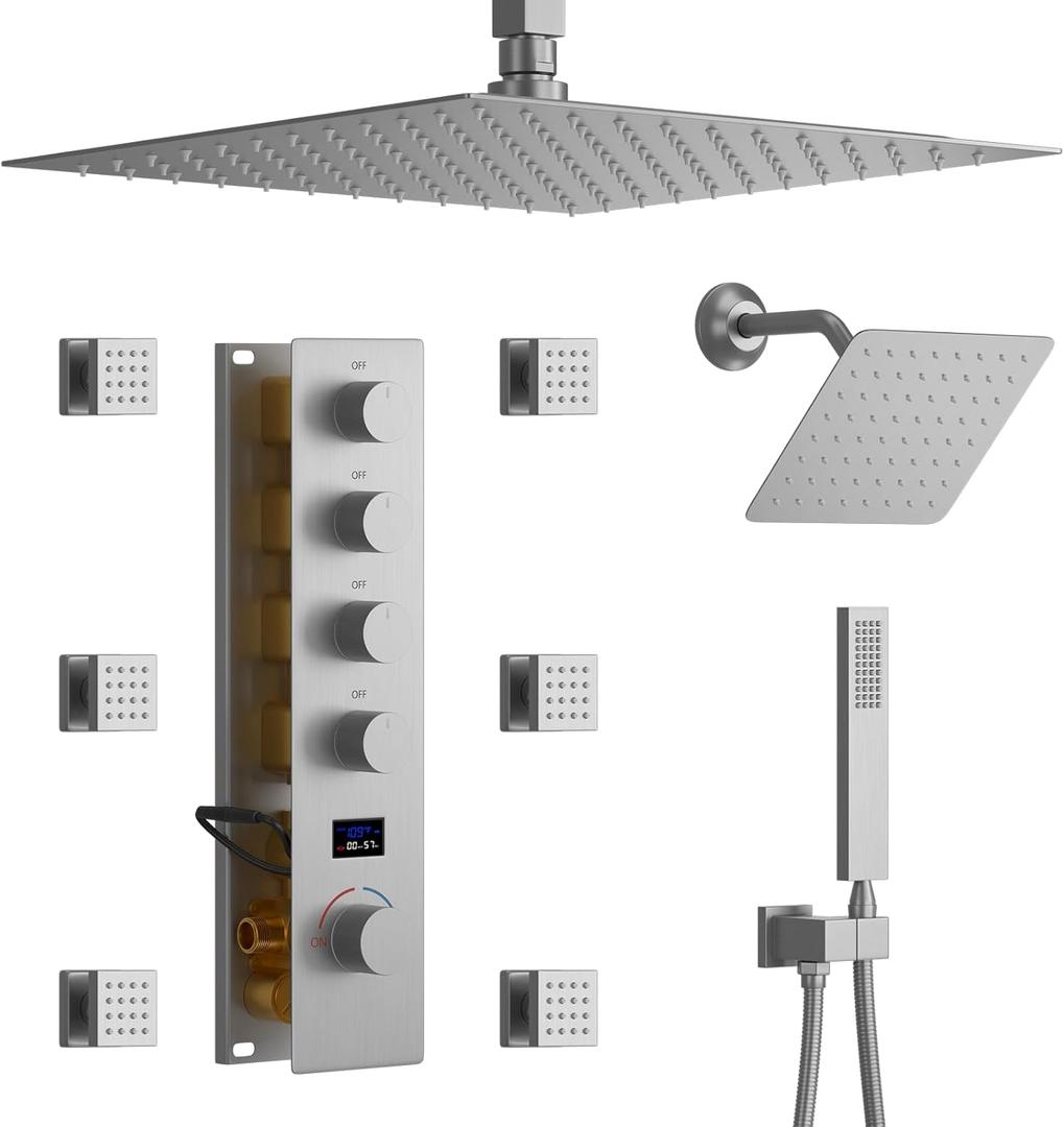 Thermostatic Shower System Brushed Nickel Shower Set with 12" Ceiling Mounted Shower Head & 8" Wall Mounted Shower Head, Digital Display Full Body Shower System with Body Jets, Handheld Spray