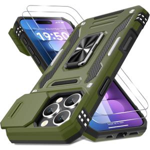 DEERLAMN Case for iPhone 16 Pro with Slide Camera Cover+Screen Protector(2 Packs), Rotated Ring Kickstand Military Grade Shockproof Protective Cover-Olive Green