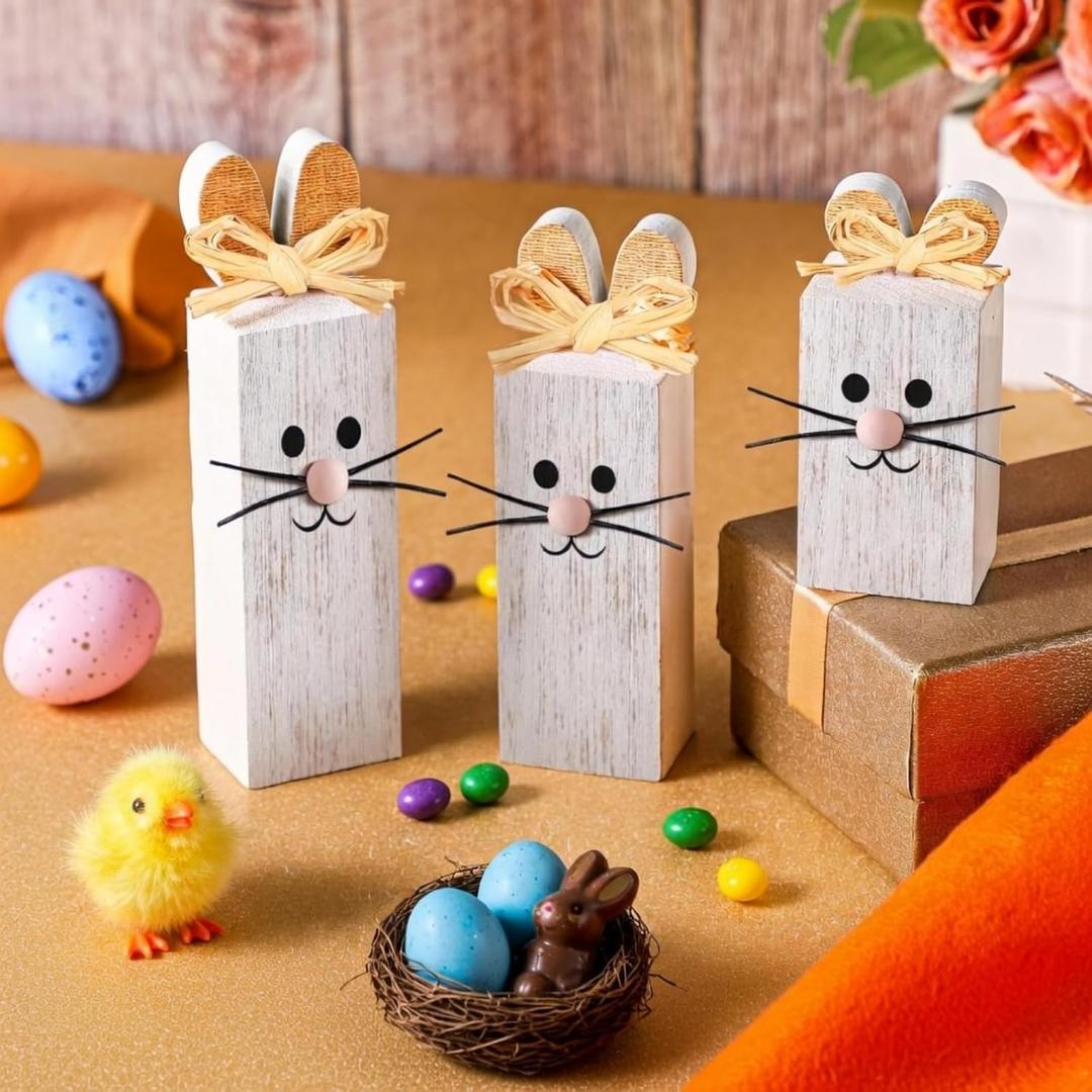 BBTO 3 Pcs Easter Table Decor Bunny Wooden Tiered Tray Decor Rabbit Tabletop Decoration Block Sign Table Centerpiece for Spring Home Decoration Home Shelf Office Kitchen Desk Party Supply(Rabbit)
