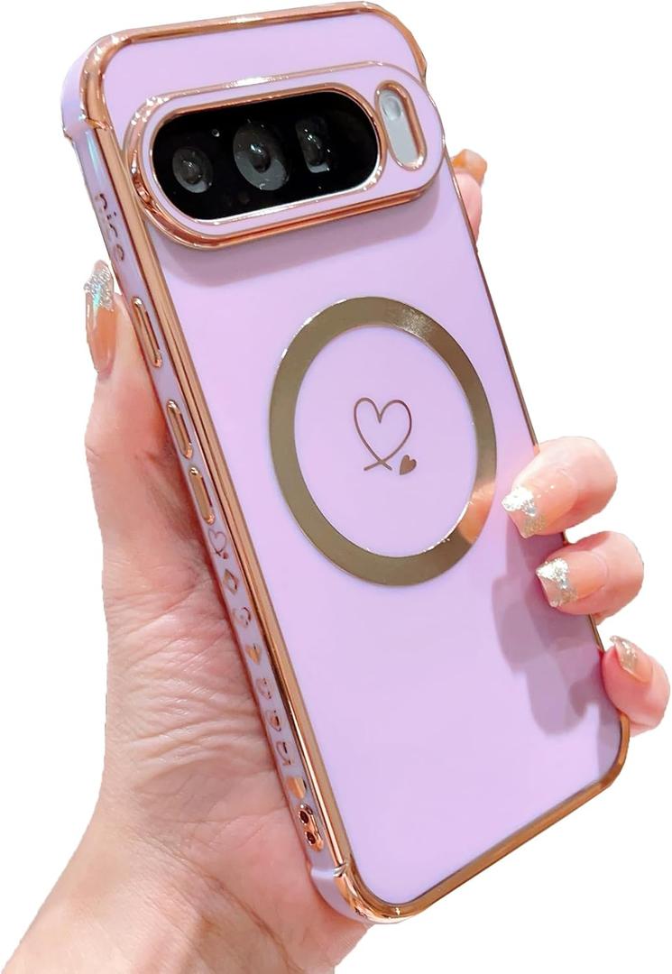 SUYACS Magnetic for Google Pixel 9 Pro XL Phone Case Compatible with Magsafe Case Cute Heart Luxury Electroplated Plating Edge Shockproof Protective Cover Wireless Charge Drop Bumper