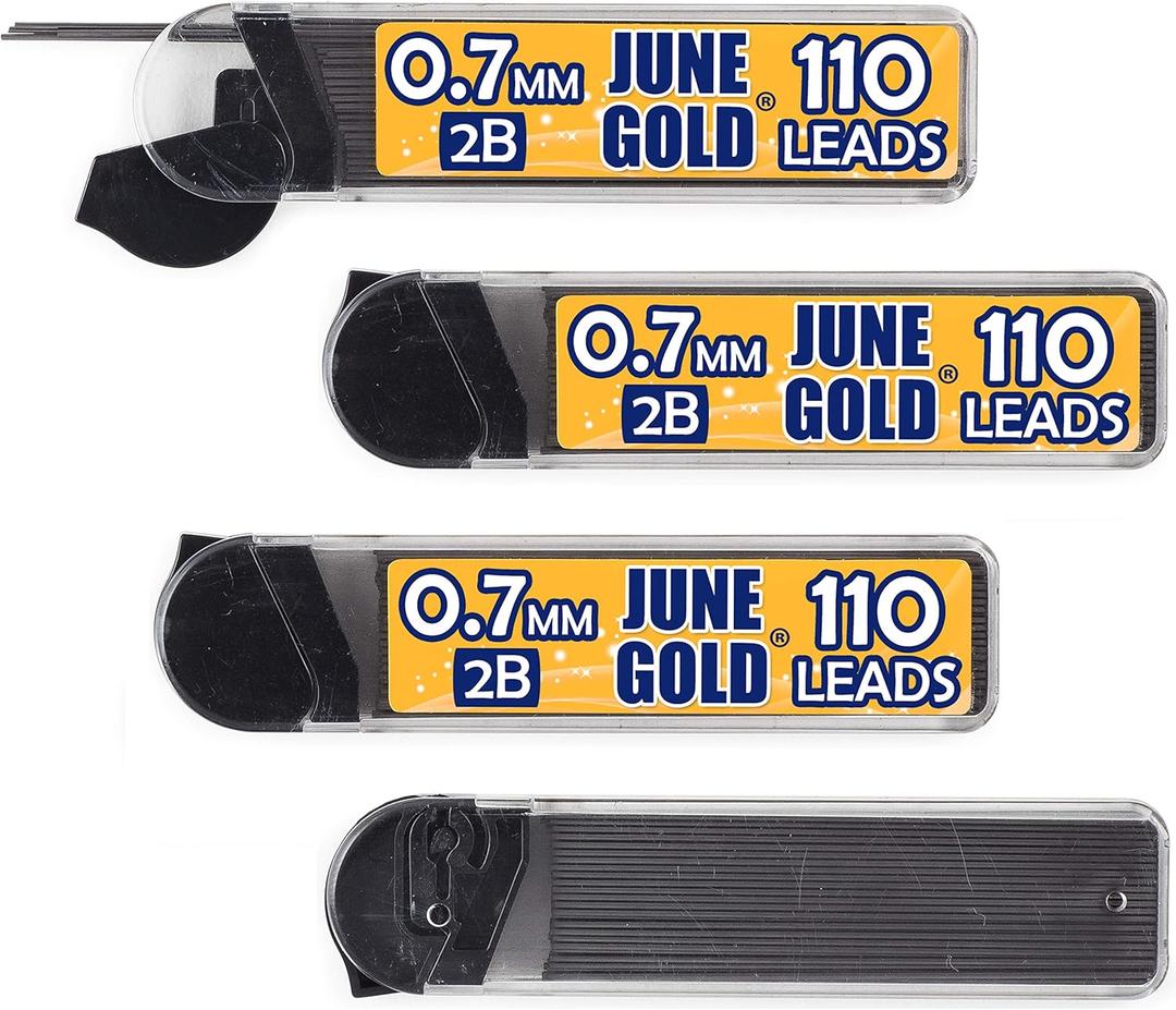 June Gold 440 Pieces, 0.7 mm 2B Lead Refills, 110 Pieces Per Dispenser, Medium Thickness, Break Resistant Lead/ Graphite (Pack of 4 Dispensers)
