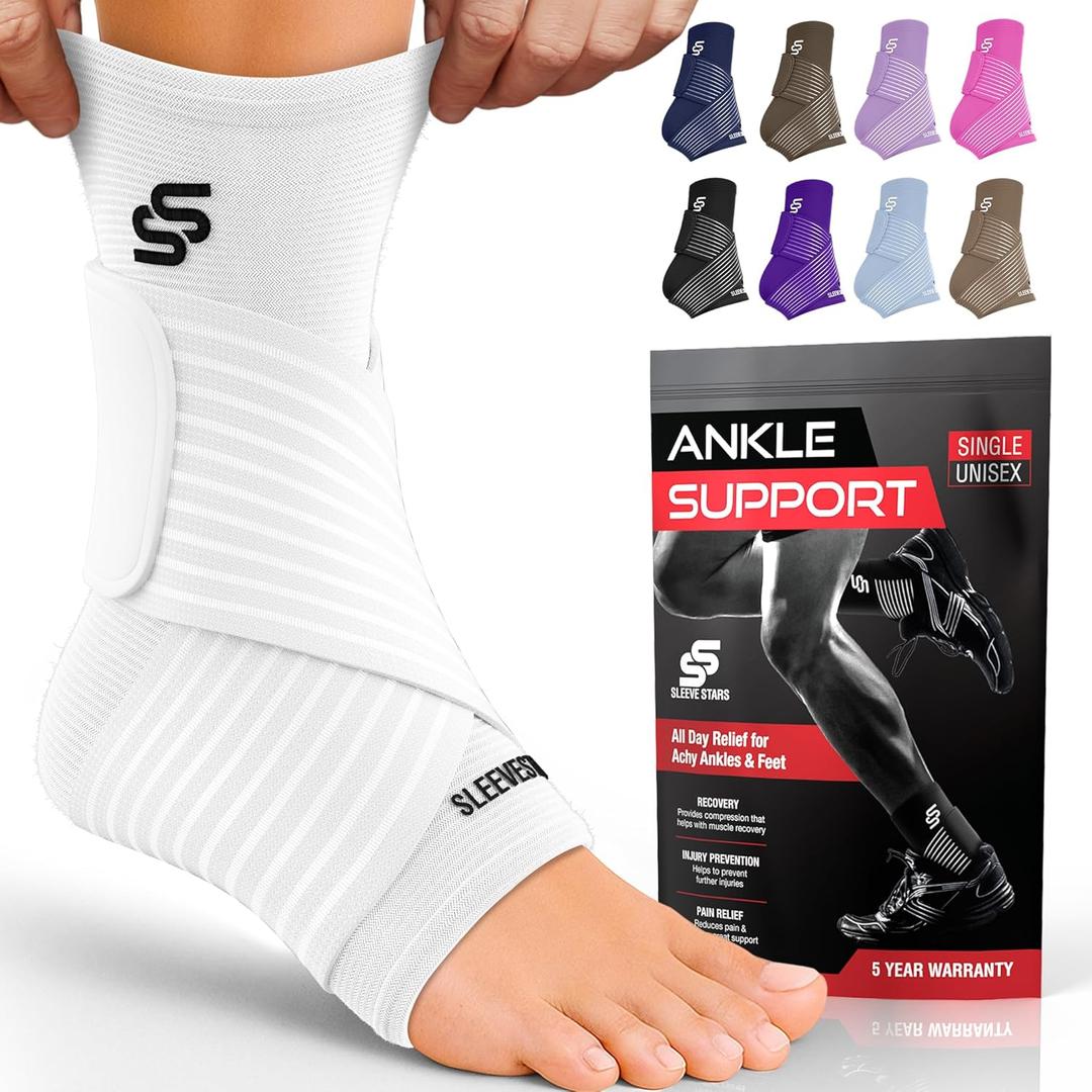Sleeve Stars Ankle Brace for Women & Men, Ankle Wrap for Sprained Ankle, Compression Sleeve for Plantar Fasciitis Relief, Easy Customizable Support: w/Removable Strap (Single/M:10"-12"/White)