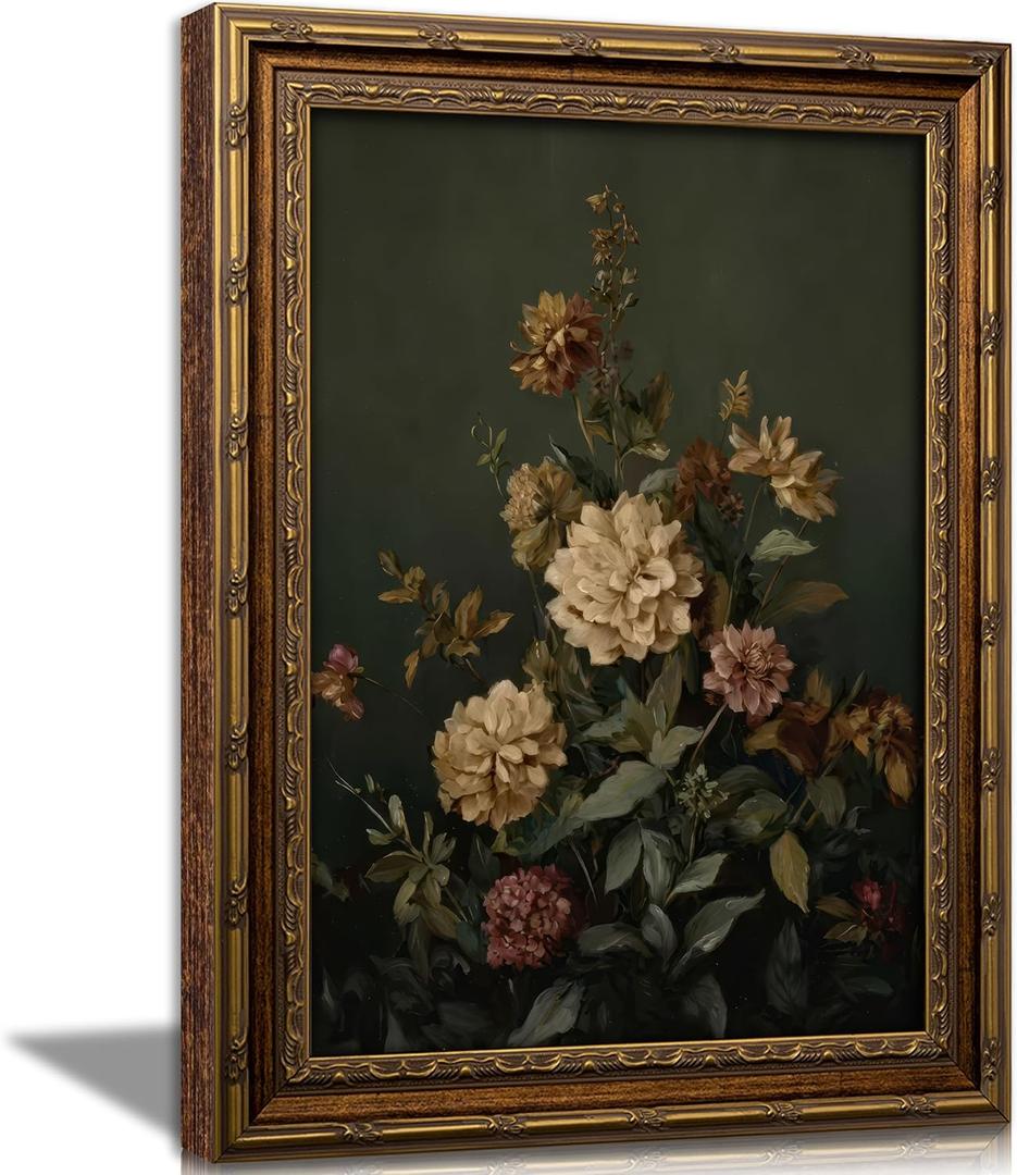 Vintage Gold Framed Moody Floral Wall Art,Dark Green Botanical Canvas Print, 24"LX16"W