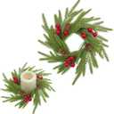 Christmas Candle Rings Wreath Artificial Norfolk Pine Garland with Red Berries Snowy Pinecone Candle Ring Holder Cabinets Garland Ornament for Xmas Winter Holiday Home Centerpieces Decoration (Green)