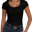 Roselux Women's Scoop Neck Short Sleeve Fitted Shirts Summer Casual Stretchy Basic T-Shirt Tops (Black) small
