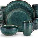 vancasso Starry Dinnerware Set for 4, 16 Pieces Handmade Reactive Glaze Stoneware Plates and Bowls Sets with Mugs, Dishwasher and Microwave Safe Dish Set, Green