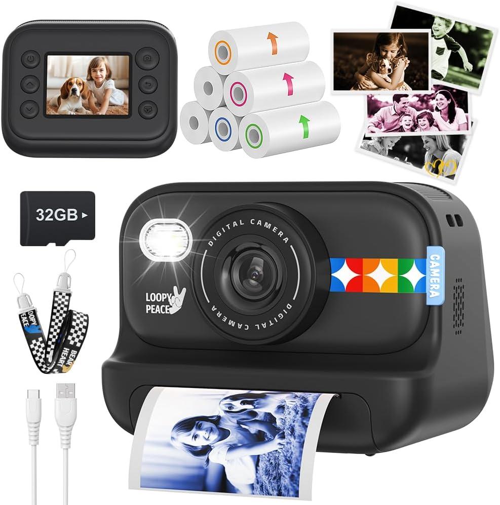 Kids Color Instant Print Camera  Kids Camera with 5 Color Photo Paper, 48MP & 1080P Video, 21 Fun Frames, 32G Card, Christmas/Birthday Gifts for Girls and Boys Ages 3 4 5 6 7 8 9 10 11 12 - Black