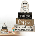 4 Packs Halloween Table Decorations-Coffee Ghost Wooden Signs Halloween Decorations Tiered Tray Decor Centerpiece Sign for Farmhouse Ghost Tabletop Coffee Bar for Home Office Kitchen Shelf Party 