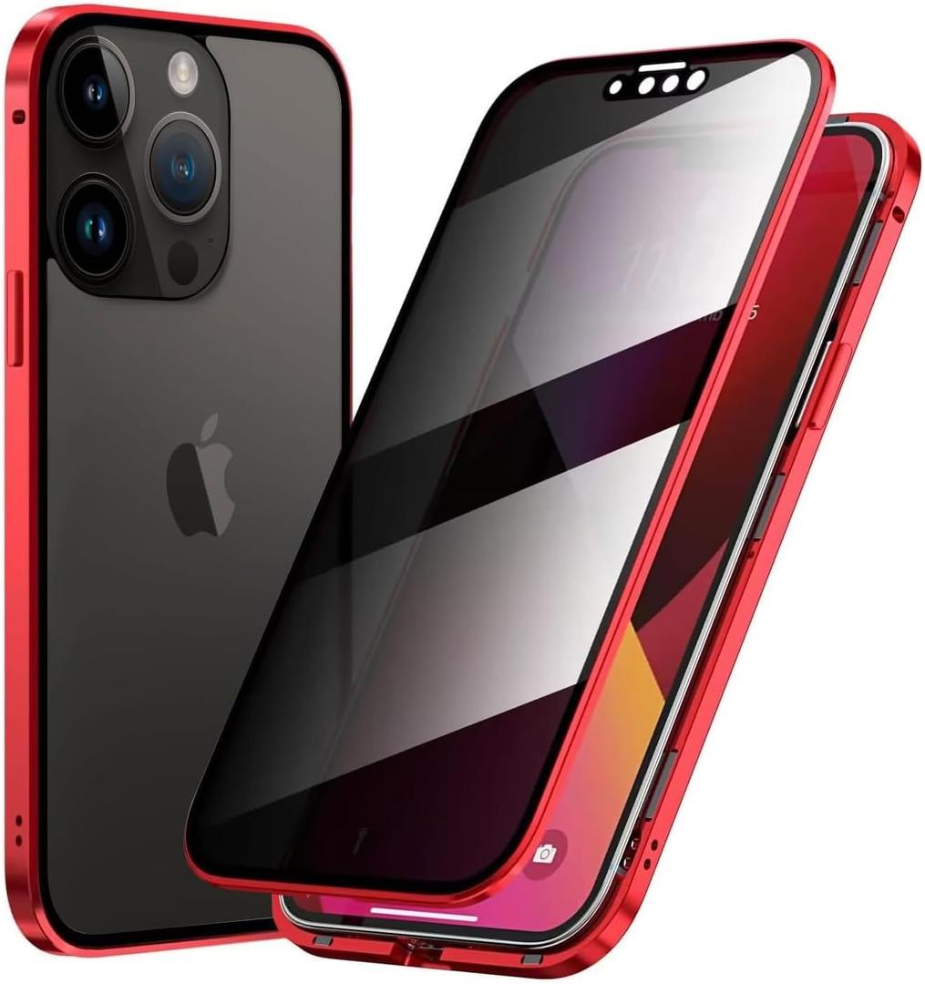 Guppy Anti Peeping Case Magnetic for iPhone 17 Pro Max Magnetic Glass Case Built-in Camera Lens Protector Privacy Screen Glass Protector Bumper Anti peep Cover with Lock Red