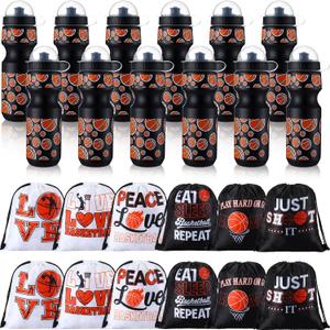 Hosuly 24 Pcs 24 oz Basketball Water Bottle Bulk and Drawstring Bag Set 12 Reusable Plastic Biking Water Bottle Tumbler 12 Sport Gym Goodie Gift Bag for Party Favor (Orange, Black) (Orange, Black)