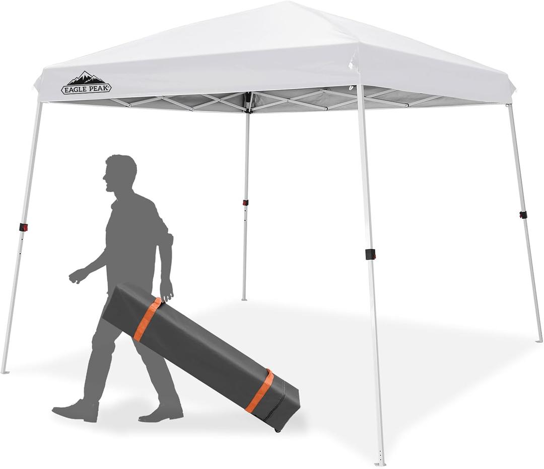 EAGLE PEAK 10x10 Slant Leg Outside Pop Up Canopy, Instant Outdoor Canopy Tent, 8x8 Top 10x10 Base Sun Shelter with Wheeled Carry Bag, Ropes and Stakes, White