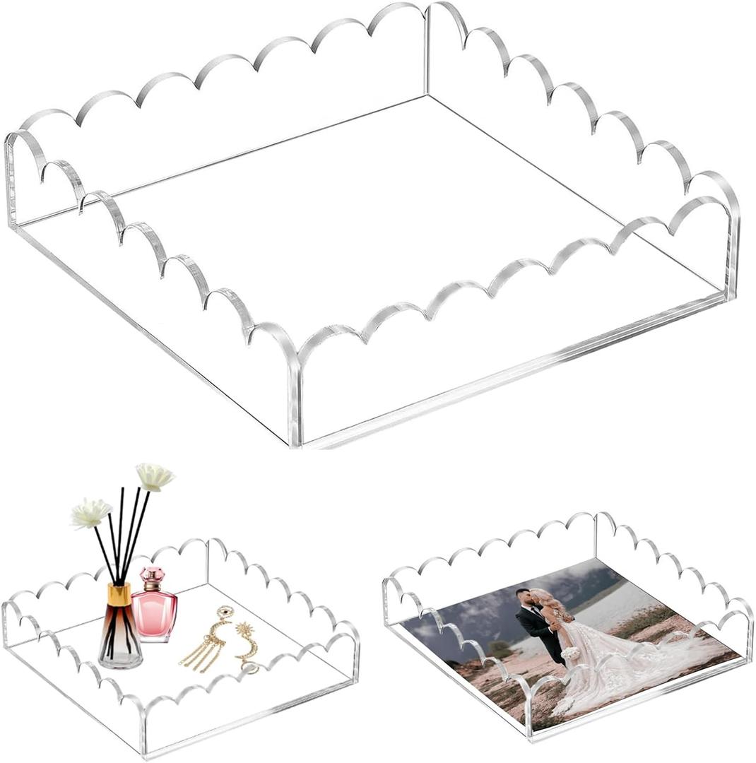 Acrylic Scalloped Tray with Magnetic Mat,  Clear Rectangular, and Includes Anti-Slip Pads(8 * 8 * 2")