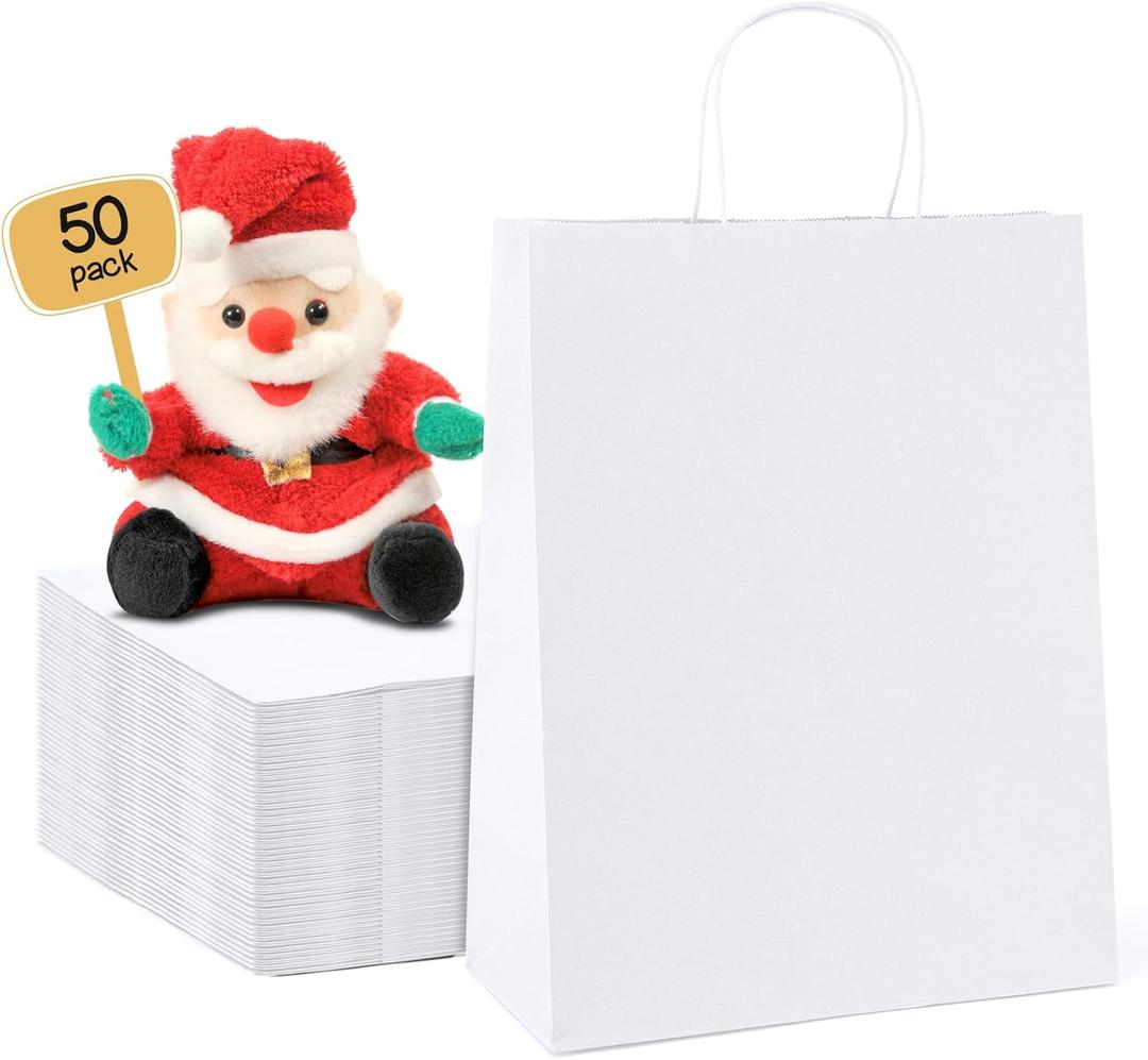 METRONIC 10x5x13 Inch White Paper Gift Bags 50Pcs Gift Wrap Bags with Handles, Kraft Paper Bag for Small Business, Heavy Duty Bulk Bag for Birthday Party Favors, Shopping, Retail