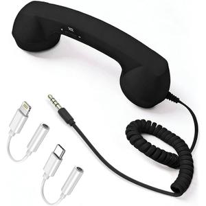 Retro Phone Handset for Cell Phone, 3.5mm Jack with USB-C & Lightning Adapters, Vintage Telephone Receiver, Plug and Play for Calls, Meetings & Video Conferences (Black)