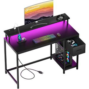 GreenForest Gaming Desk 39 Inch with LED Lights and Monitor Stand, Computer Desk with Drawer for Small Spaces, Office Desk with Power Outlets and Shelf, Black