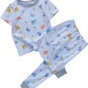 Little Boys Cotton Pajamas Sets Short Sleeve Top with Long John Snug Fit 2 Piece Sleepwear (Ships Blue)
