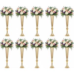 LoveCat 10pcs of Versatile Metal Tabletop Flower Stands, Gold Wedding Table Centerpiece Stands, 21.9" Tall Trumpet Vases for Wedding Birthday Holiday Party Important Event Home Decor