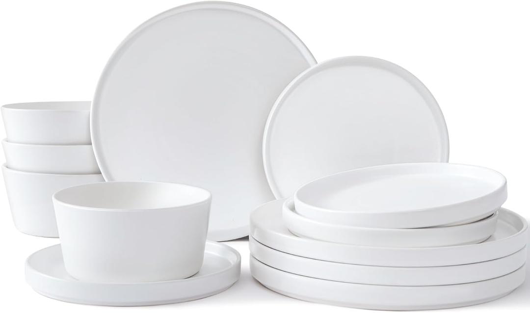 UMINEUX Ceramic Dinnerware Set for 4, 12-Piece Plates and Bowls Set for Kitchen and Dining, Modern Dishes Set, Dishwasher & Microwave Safe, White