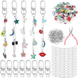 Tondiamo 286 Pcs Silver Keychain Making Kit Bulk Bag Charm Kit 120 Charms 20 Keychain Clips with Key Ring Swivel Snap Hook Lobster Claw Clasps 120 Jump Ring 25 Extender Chain Jewelry Plier DIY Craft