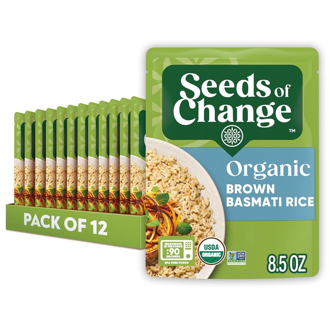 SEEDS OF CHANGE Certified Organic Brown Basmati Rice, Organic Food, 8.5 OZ Pouch, BBD 02/27 (Pack of 12)