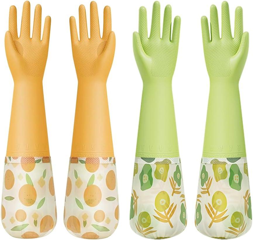 2 Pairs Rubber Dishwashing Cleaning Gloves, Reusable Latex Free Kitchen Dish Gloves with Cotton Lined, Non-Slip Waterproof Household Gloves for Laundry, Working, Gardening (Yellow & Green)
