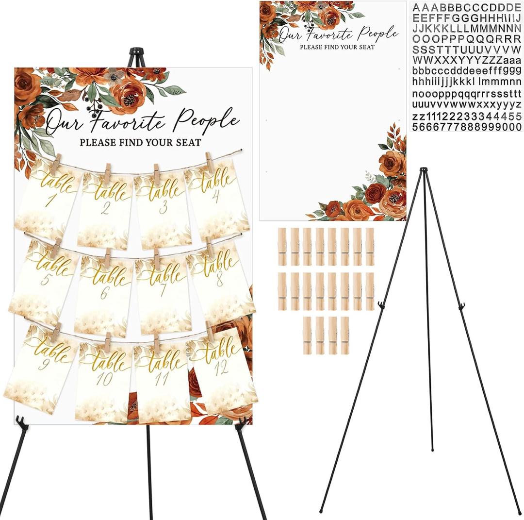Pinkunn Terracotta Floral Wedding Seating Chart with Easel Display Stand 15.8 x 23.6 Inch Rose Wooden Rustic Seating Chart Board Please Find Your Seat Sign for Baby & Bride Shower Wedding Sign Decor, 47.2 x 66.5 inches