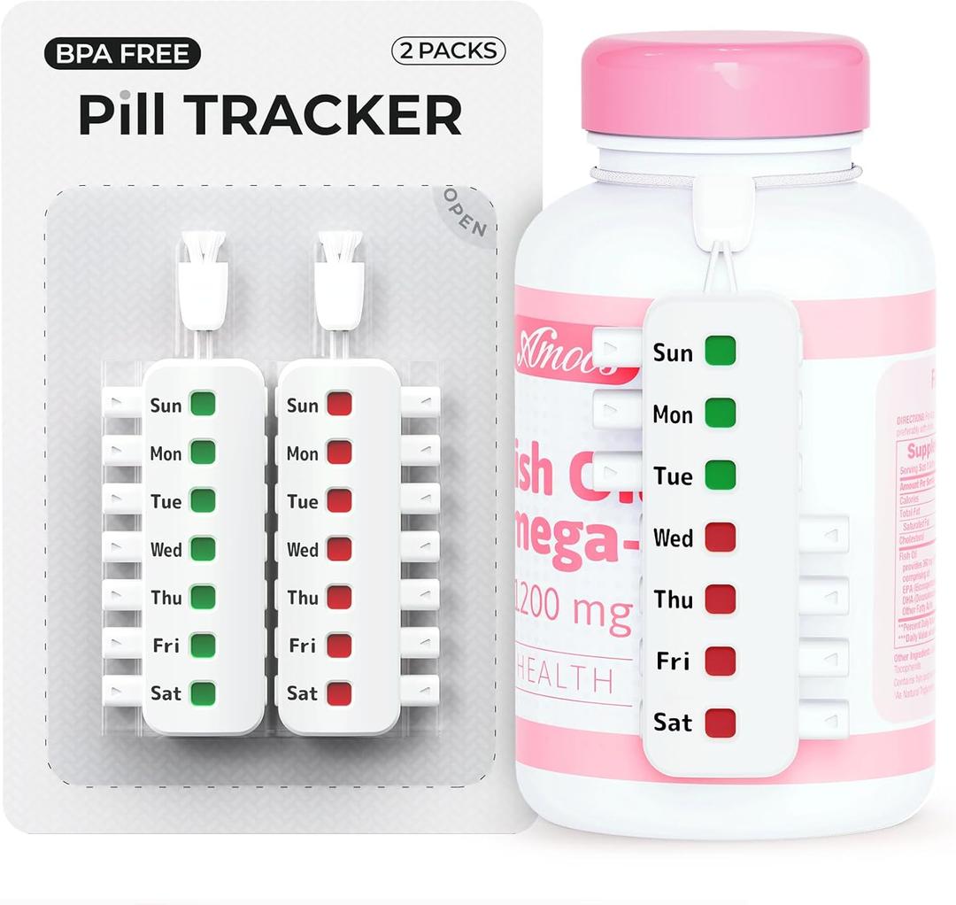 2 x Pill Reminder for Easy Tracking Without Refills, Reusable Pill Tracker for Vairous Bottles, Arthritis-Friendly & Anti-Slide Medication Tracker, Compact Medicine Reminder for Pet Meds, White, 2-Pack