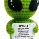 Happy 13th Birthday Milestone Keepsake  Handmade Crochet Alien Plush Doll with Funny Official Teenager Positive Affirmation Message Card  13 Years Old Gift for Son, Daughter, Friend, or Grandchild