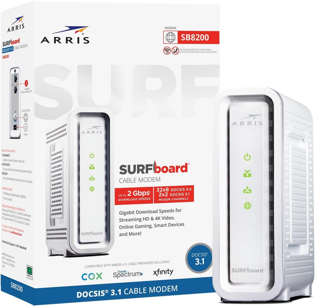 ARRIS SURFboard SB8200 DOCSIS 3.1 Multi‑Gig Cable Modem | 2 1Gbps Ethernet Ports | Works with Xfinity, Cox, Spectrum | For Cable Internet Plans up to 2Gbps | Modem Only, Router Required